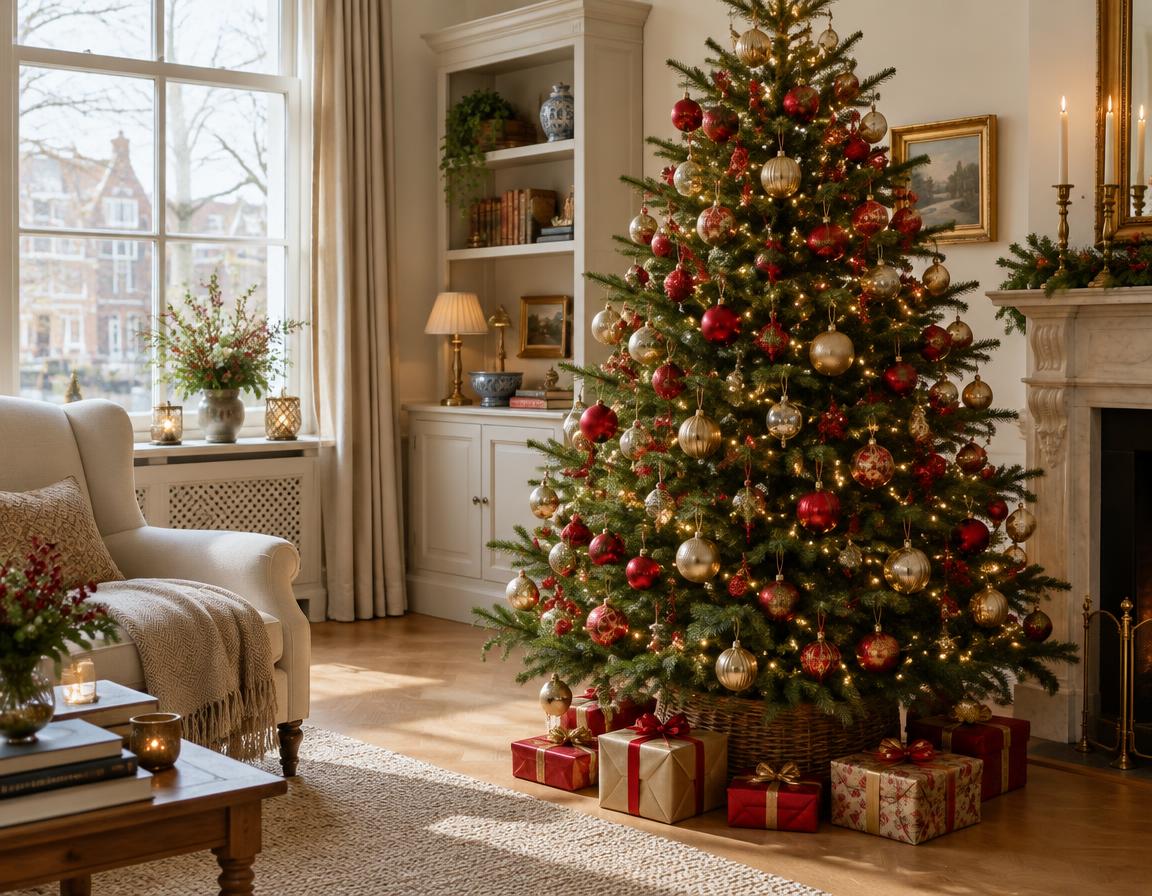 Een sfeervol versierde kerstboom in een lichte, gezellige woonkamer