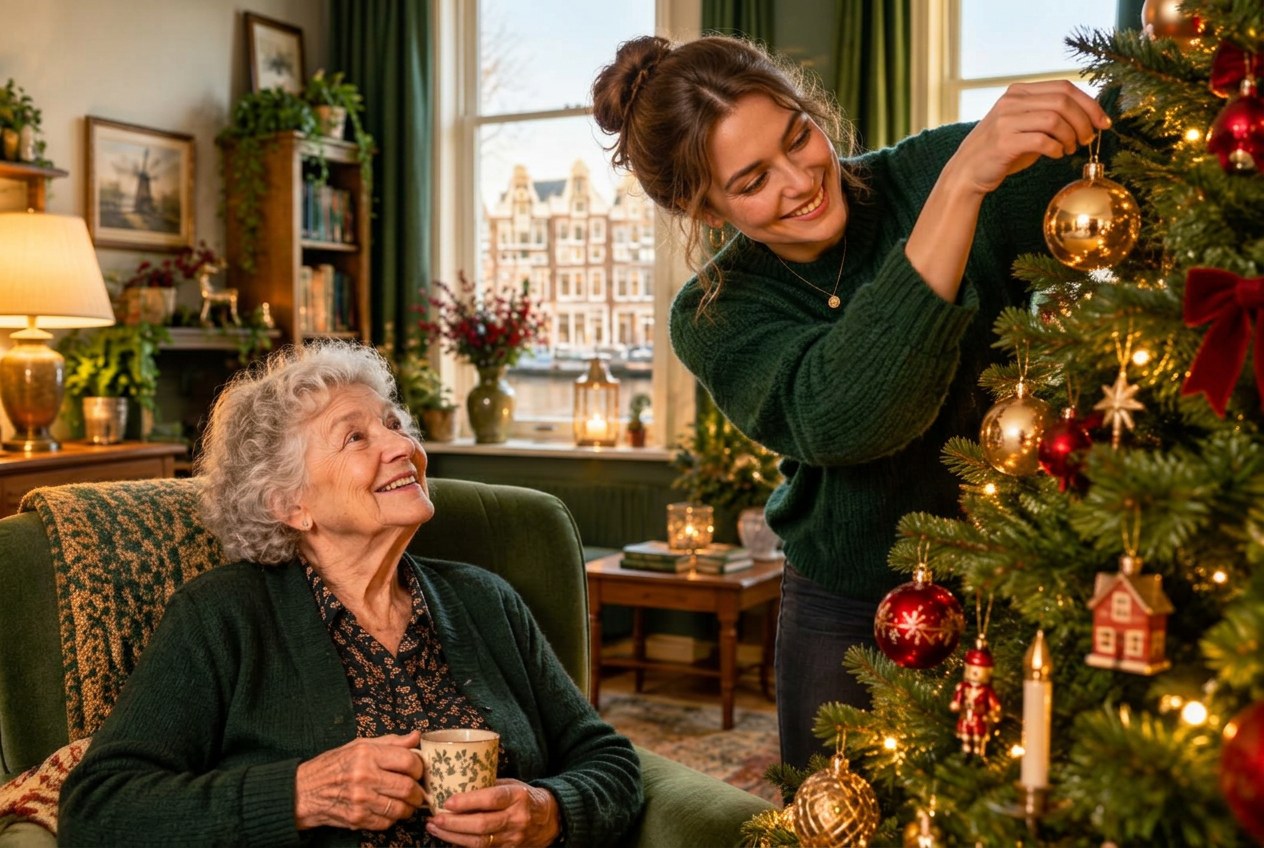 Een decorateur versiert de kerstboom terwijl een oudere dame geniet van het moment